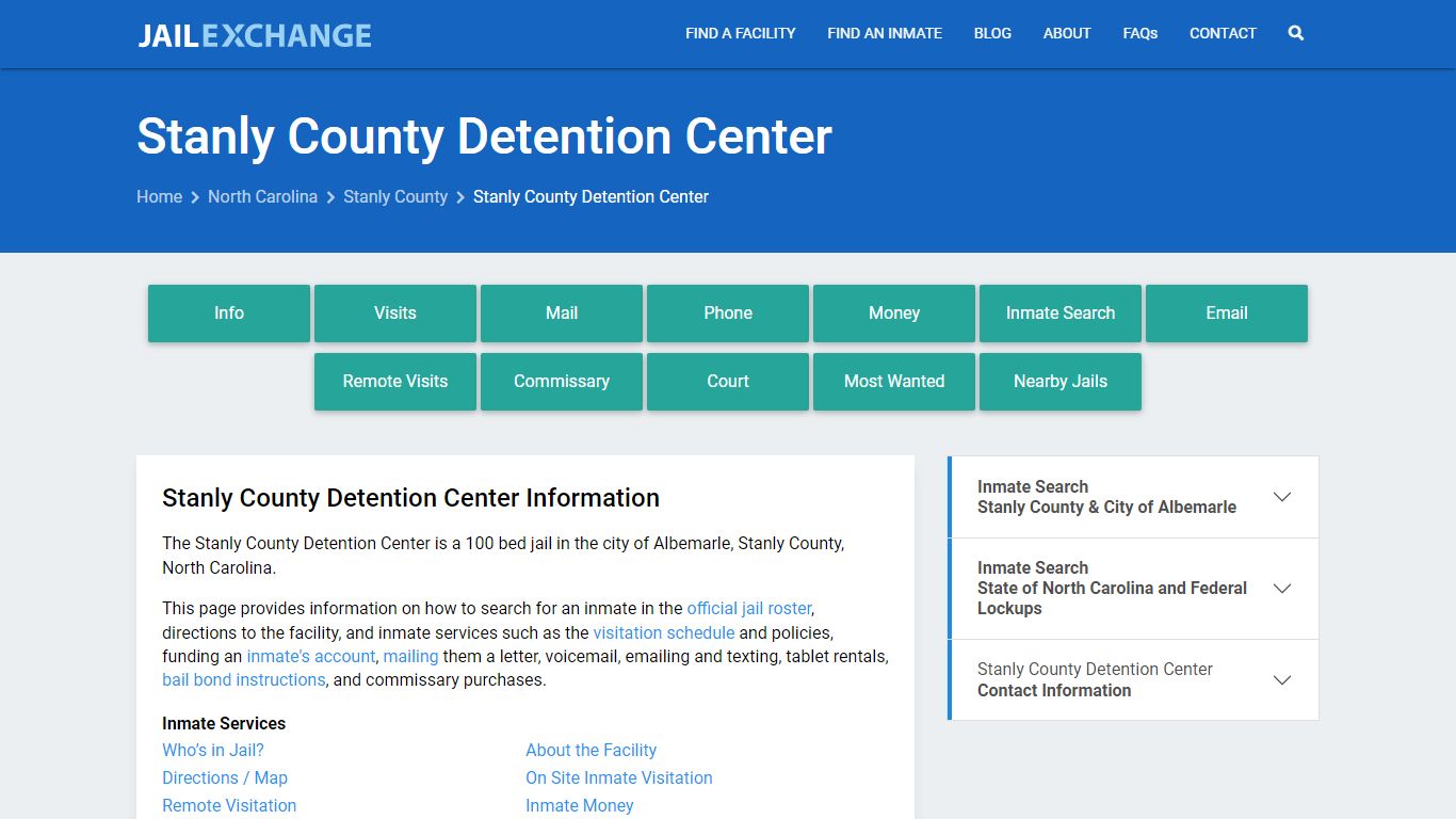 Stanly County Detention Center, NC Inmate Search, Information